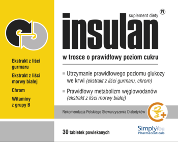 Insulan suplement diety, biało-żółte opakowanie wspierające poziom cukru z gurmarem i morwą, front.