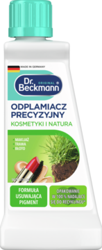 Biała butelka Dr. Beckmann, precyzyjny odplamiacz do kosmetyków i natury, z zieloną nakrętką, widok z przodu.