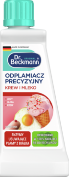 Dr. Beckmann Odplamiacz Precyzyjny Krew i Mleko, biała butelka z miętową nakrętką, usuwa plamy białkowe, widok z przodu.