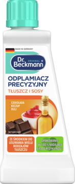 Dr. Beckmann Odplamiacz Precyzyjny do tłuszczu i sosów. Biała butelka z turkusową zakrętką, ilustracje czekolady, ketchupu i oleju.