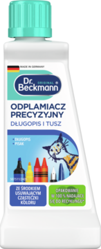 Dr. Beckmann Odplamiacz Precyzyjny na długopis i tusz, biała butelka z zieloną nakrętką, widok z przodu.