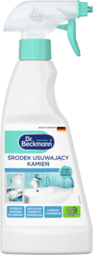 Biała butelka Dr. Beckmann, spray do usuwania kamienia, z turkusowym spryskiwaczem i etykietą łazienkową, widok z przodu.