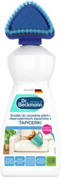 Dr. Beckmann Środek do czyszczenia tapicerki, biała butelka z trójkątną niebieską szczotką 2w1, usuwa plamy i zapachy, widok z przodu.