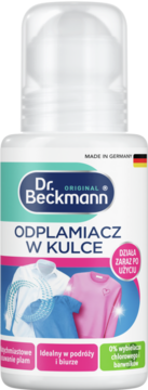 Dr. Beckmann odplamiacz w kulce do tkanin, biała butelka z turkusowo-różową etykietą, bez chloru.