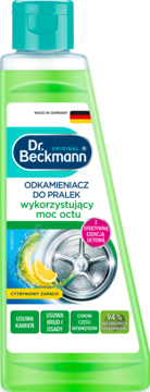 Dr. Beckmann Original odkamieniacz do pralek z mocą octu, cytrynowy zapach, zielona butelka, widok z przodu.