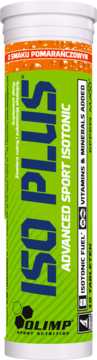 OLIMP ISO PLUS Advanced Sport Isotonic w białym pojemniku, zielona etykieta, smak pomarańczowy, widok z przodu.