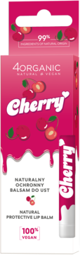 Naturalny wegański balsam do ust 4ORGANIC Cherry, różowe pudełko z wiśniami, biały sztyft obok, przód.