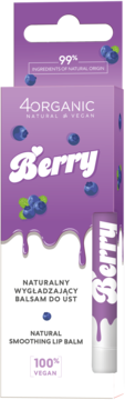 4ORGANIC Berry naturalny wegański balsam do ust w fioletowym opakowaniu z ilustracją jagód, widok z przodu.