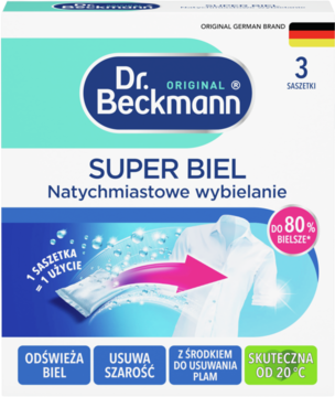 Dr. Beckmann Super Biel wybielacz do tkanin, biało-niebieskie pudełko z 3 saszetkami i koszulą, natychmiastowe wybielanie.