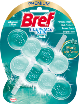 Bref WC Brilliant Gel All in 1 Alpine Lake, turkusowe żelowe kule w blistrze, widok z przodu. Do czyszczenia toalet.