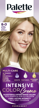 Palette Intensive Color Creme, farba 8-0 Jasny Blond. Kobieta z blond włosami. 100% pokrycia siwizny.