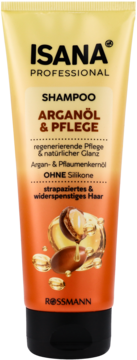 Szampon Isana Arganöl & Pflege do włosów suchych, bez silikonów, złoto-pomarańczowa tuba, widok z przodu.