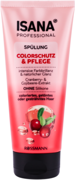 Różowa tubka ISANA Professional Colorschutz & Pflege odżywki z żurawiną i goji, widok z przodu.