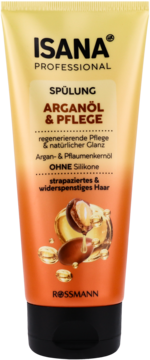 Odżywka Isana Professional Pielęgnacyjny Olej Arganowy 200ml, do włosów suchych, bez silikonów, widok z przodu.