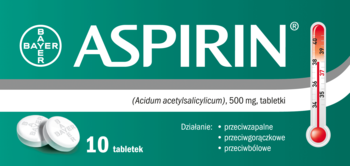 Zielone opakowanie Aspirin firmy Bayer z dwiema białymi tabletkami, widok z przodu. Lek 500 mg na ból i gorączkę.