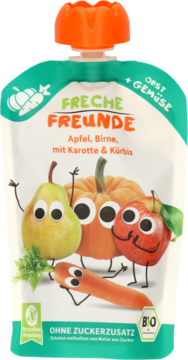Organiczny mus Erdbär Freche Freunde jabłko, gruszka, marchewka i dynia w białej saszetce z zabawnymi postaciami owoców i warzyw, widok z przodu.