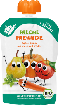 Mus Erdbär Freche Freunde jabłko gruszka marchewka dynia, biała saszetka z wesołymi postaciami na białym tle.