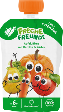 Mus Erdbär Freche Freunde jabłko, gruszka, marchewka, dynia, w zielonej saszetce z wesołymi warzywami, widok z przodu.