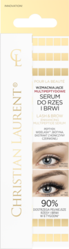 Christian Laurent Lash & Brow serum, białe opakowanie z złotymi detalami, widok z przodu, tekst i zdjęcia przed/po.