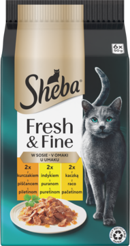 Opakowanie karmy Sheba Fresh & Fine z sosem, z kurczakiem, indykiem, kaczką, widok z przodu, szary kot.