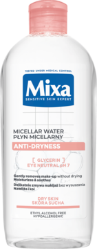 Mixa Micellar Water Anti-Dryness w przezroczystej butelce z różową nakrętką, dla suchej skóry, widok z przodu.