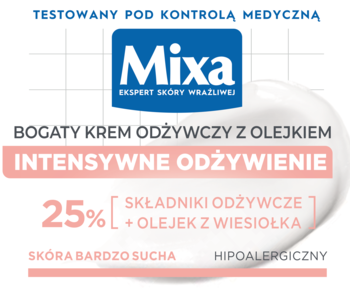Mixa, intensywnie odżywczy krem z olejkiem z wiesiołka do skóry bardzo suchej i wrażliwej, widok z przodu.