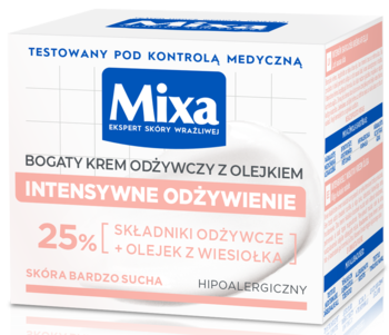 Mixa krem odżywczy z olejkiem z wiesiołka, intensywne odżywienie dla bardzo suchej skóry. Białe pudełko, przód.