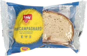 Schar bezglutenowy chleb Pain Campagnard z gryką, w folii z etykietą, widok z przodu.