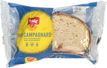 Schar bezglutenowy chleb Pain Campagnard z gryką, w folii z etykietą, widok z przodu.