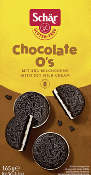 Żółto-brązowe opakowanie Schär Chocolate O's bezglutenowych ciastek kakaowych z mlecznym kremem, widok z przodu.