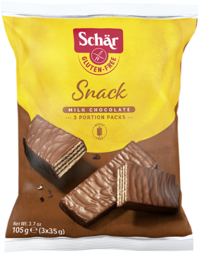 Schar Snack Milk Chocolate gluten-free wafers. Yellow pouch, three chocolate bars displayed, 3 portion packs.