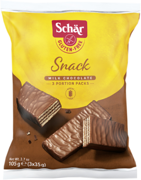 Schar Snack Milk Chocolate gluten-free wafers. Yellow pouch, three chocolate bars displayed, 3 portion packs.
