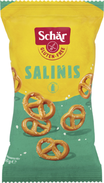 Schär Salinis, bezlaktozowe i bezglutenowe precelki w żółto-zielonej torebce, widok z przodu, z solą.