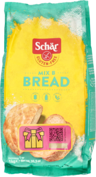 Front opakowania Schär Mix B mieszanki bezglutenowej do chleba, żółto-turkusowa torba z pieczywem i różową naklejką.