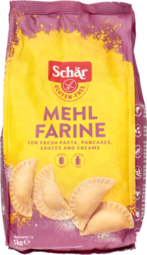 Schär gluten-free MEHL FARINE flour, yellow and purple 1kg bag, front view, for pasta, pancakes, sauces.