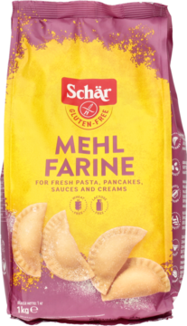 Schär gluten-free MEHL FARINE flour, yellow and purple 1kg bag, front view, for pasta, pancakes, sauces.