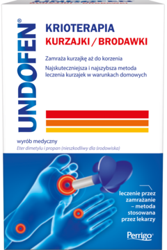 Białe opakowanie Undofen Krioterapia do leczenia kurzajek i brodawek, widok z przodu z grafiką stóp i dłoni.