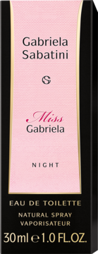 Pionowe opakowanie perfum Gabriela Sabatini Miss Gabriela Night 30ml, różowe z czarnymi bokami, widok z przodu.
