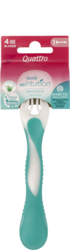 Schick Intuition Quattro maszynka, 4 ostrza, zielono-biały uchwyt, w różowo-zielonym opakowaniu blisterowym.