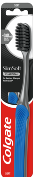 Colgate Slim Soft Charcoal, szczoteczka z włóknami 0.01mm, szaro-niebieski uchwyt, w blistrze, widok przód.