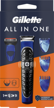 Gillette ALL IN ONE Styler 4w1, wodoodporny trymer z 3 nasadkami grzebieniowymi na granatowo-pomarańczowym opakowaniu.
