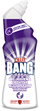 Cillit Bang WC: Higiena i Połysk, fioletowa butelka z białym kołpakiem, widok z przodu, napis '99.9% BAKTERII'.