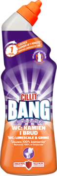 Fioletowo-pomarańczowa butelka Cillit Bang WC Kamień i Brud, przód, usuwa 100% kamienia w 1 minutę.