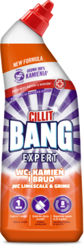 Cillit Bang Expert płyn do WC, pomarańczowo-biała butelka z czerwoną nakrętką, usuwa kamień.