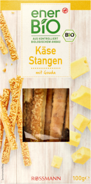 Front opakowania ekologicznych paluszków serowych enerBiO Käse Stangen z serem Gouda. Widoczne paluszki i ser.