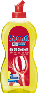 Żółty nabłyszczacz Somat 5in1 Rinser Lemon w butelce z czerwoną nakrętką, widok z przodu, błyszczące szkło.