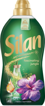 Silan Aromatherapy Fascinating Jungle płyn do płukania, zielona butelka 46 prań, fioletowy kwiat i olejek eteryczny, z przodu.