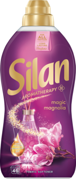 Fioletowy płyn do płukania Silan Aromatherapy Magic Magnolia, złoty napis, kwiaty magnolii, front.