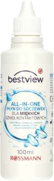 BestView All-in-One płyn do miękkich soczewek, biała butelka 100ml Rossmann, widok z przodu.