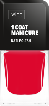 Czerwony lakier do paznokci Wibo 1 Coat Manicure w szklanej butelce z czarną etykietą, widok z przodu.